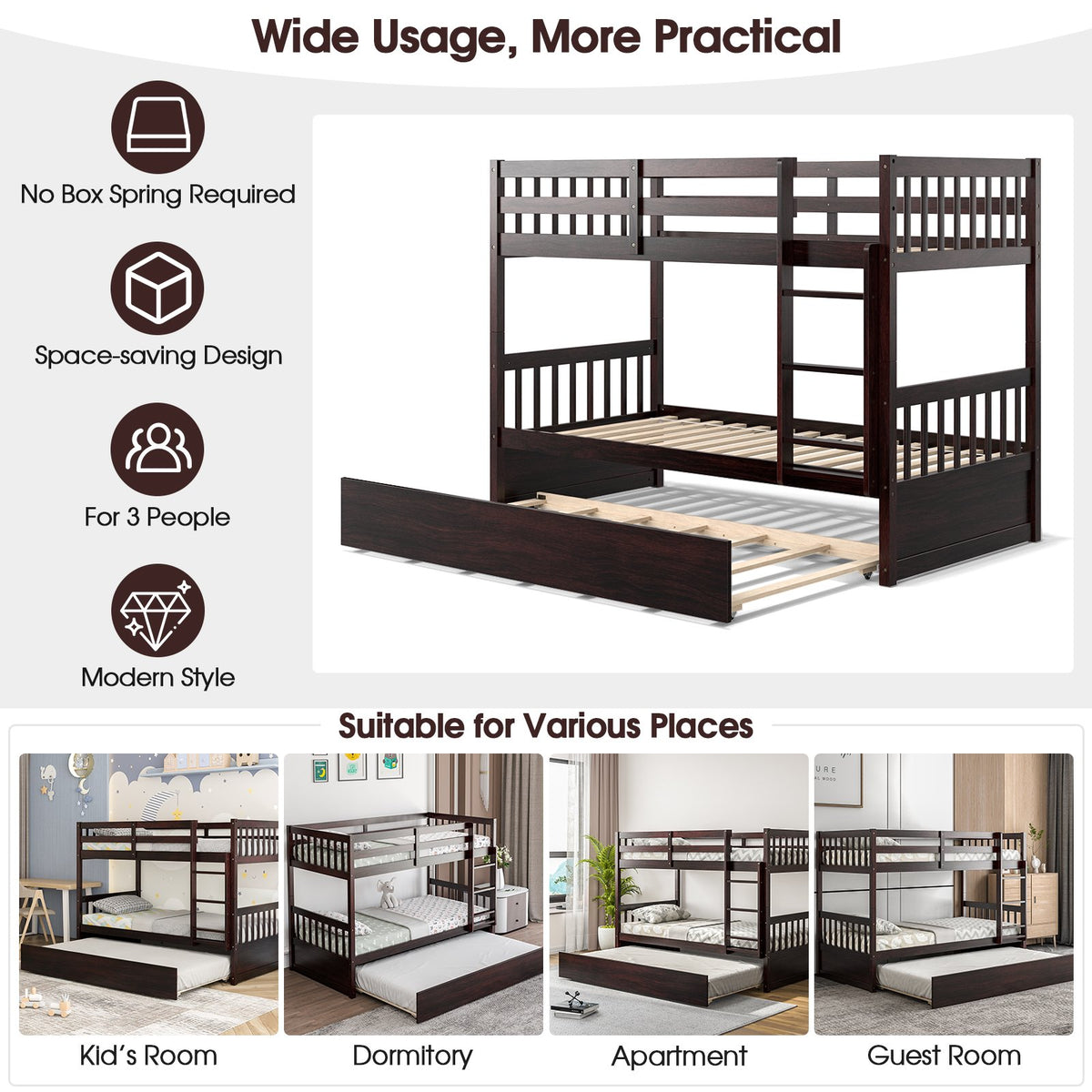 Twin Over Twin Bunk Bed with Pull-out Trundle and Ladder-Espresso view 9