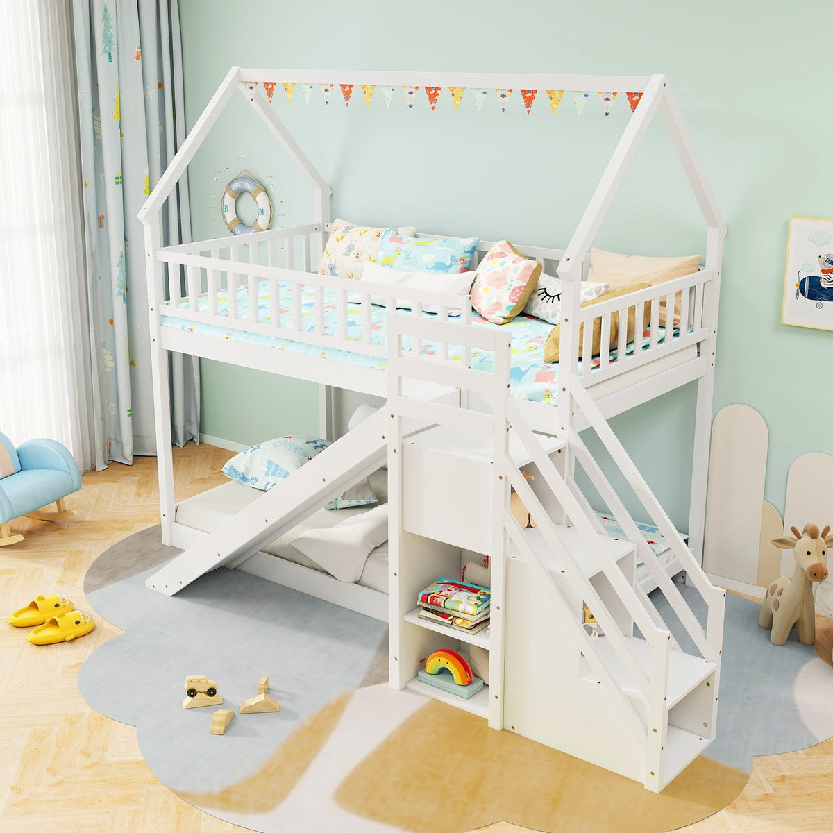 Twin Over Twin Bunk Bed with Slide and Staircase-White view 2