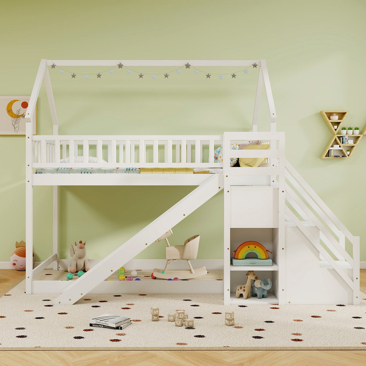 Twin Over Twin Bunk Bed with Slide and Staircase-White view 3
