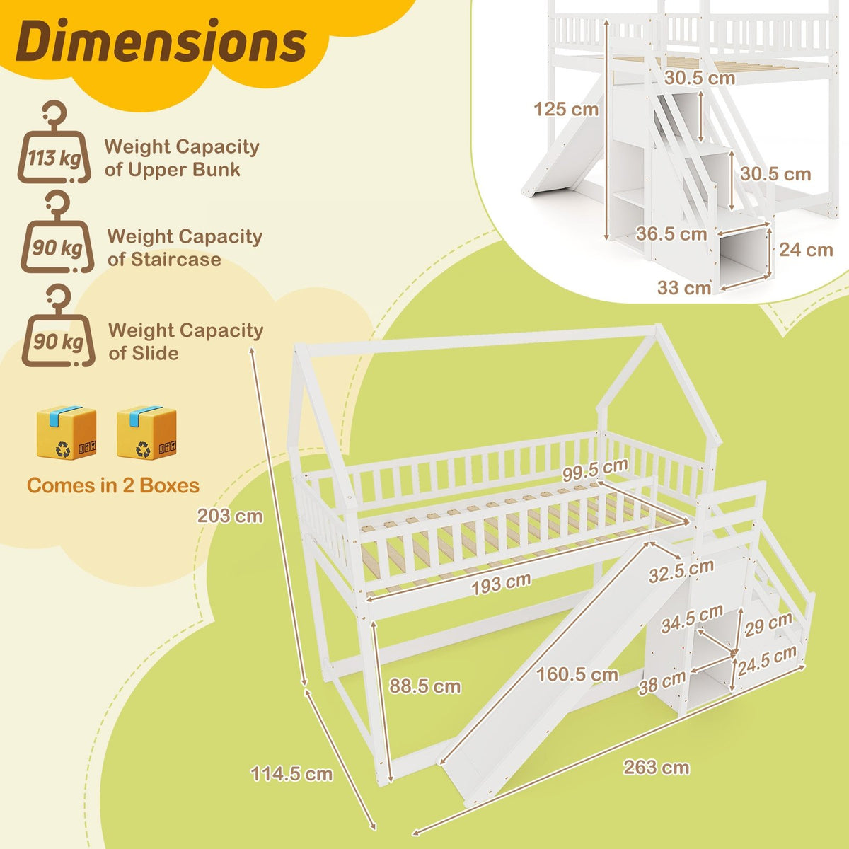 Twin Over Twin Bunk Bed with Slide and Staircase-White view 4