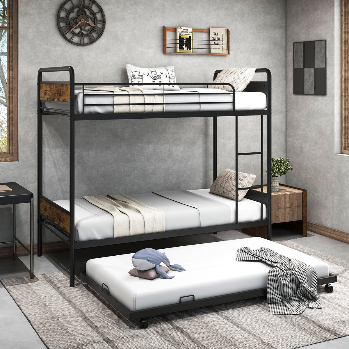 Twin Over Twin Bunk Bed with Trundle with Ladder and Full-length Guardrails-Black view 2