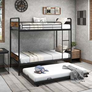 Twin Over Twin Bunk Bed with Trundle with Ladder and Full-length Guardrails-Black view 2