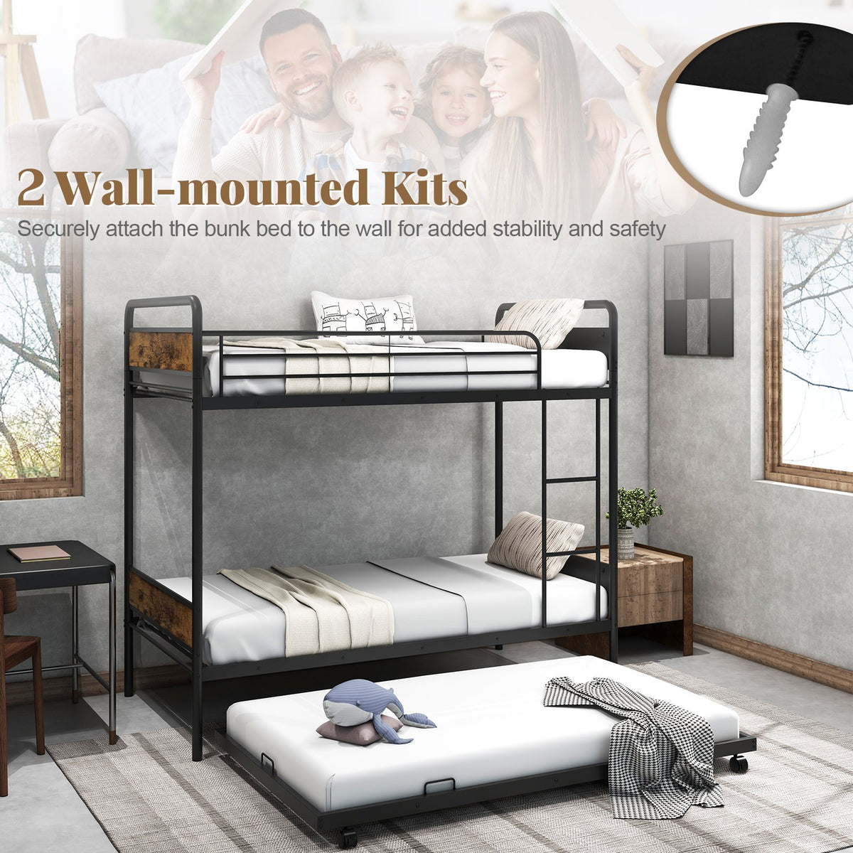 Twin Over Twin Bunk Bed with Trundle with Ladder and Full-length Guardrails-Black view 6