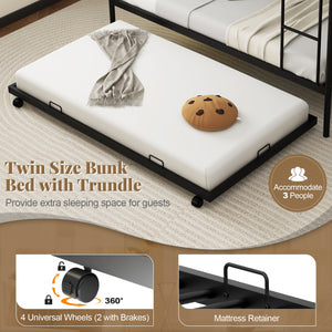 Twin Over Twin Bunk Bed with Trundle with Ladder and Full-length Guardrails-Black view 7