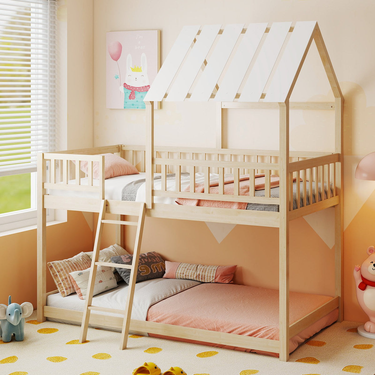 Twin Over Twin House Bunk Bed with Roof and Full-length Guardrails for Kids Teens Boys Girls-Natural view 2