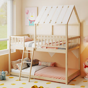 Twin Over Twin House Bunk Bed with Roof and Full-length Guardrails for Kids Teens Boys Girls-Natural view 2