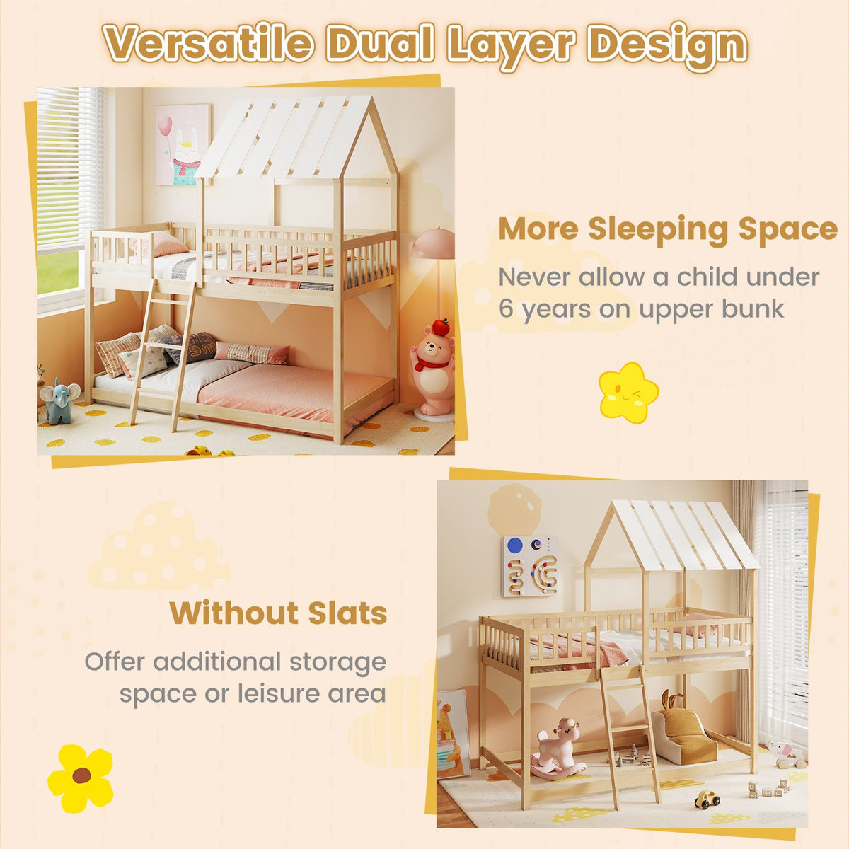 Twin Over Twin House Bunk Bed with Roof and Full-length Guardrails for Kids Teens Boys Girls-Natural view 3