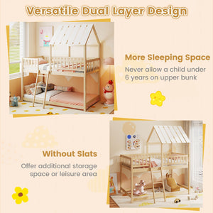 Twin Over Twin House Bunk Bed with Roof and Full-length Guardrails for Kids Teens Boys Girls-Natural view 3