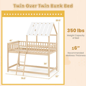 Twin Over Twin House Bunk Bed with Roof and Full-length Guardrails for Kids Teens Boys Girls-Natural view 4