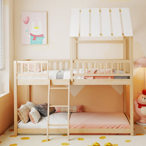 Twin Over Twin House Bunk Bed with Roof and Full-length Guardrails for Kids Teens Boys Girls-Natural view 5