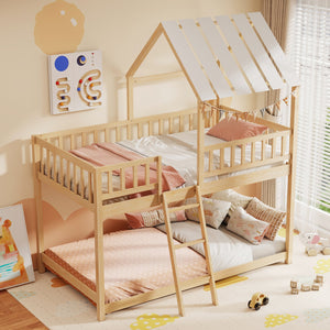 Twin Over Twin House Bunk Bed with Roof and Full-length Guardrails for Kids Teens Boys Girls-Natural view 6