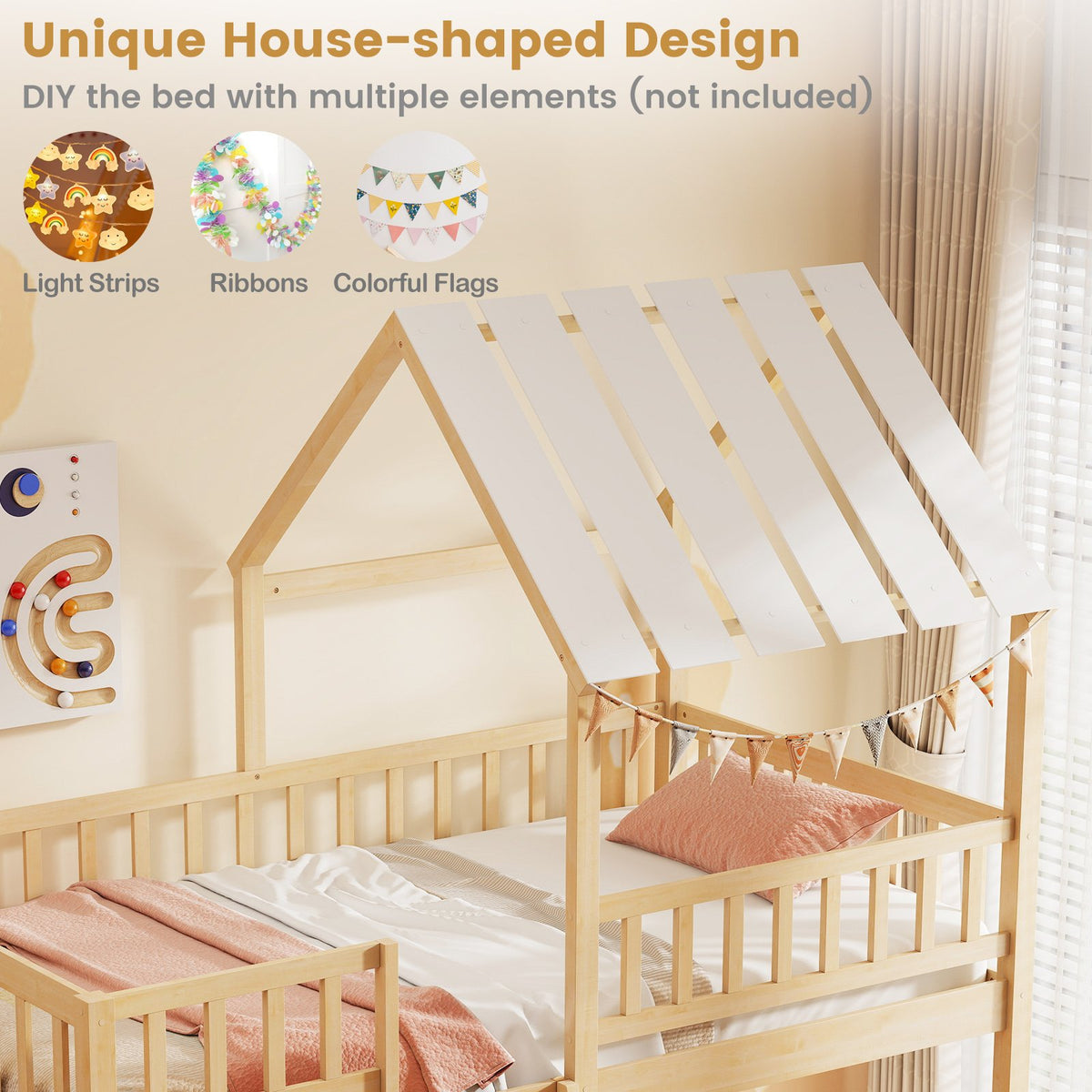 Twin Over Twin House Bunk Bed with Roof and Full-length Guardrails for Kids Teens Boys Girls-Natural view 7