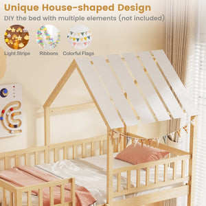 Twin Over Twin House Bunk Bed with Roof and Full-length Guardrails for Kids Teens Boys Girls-Natural view 7