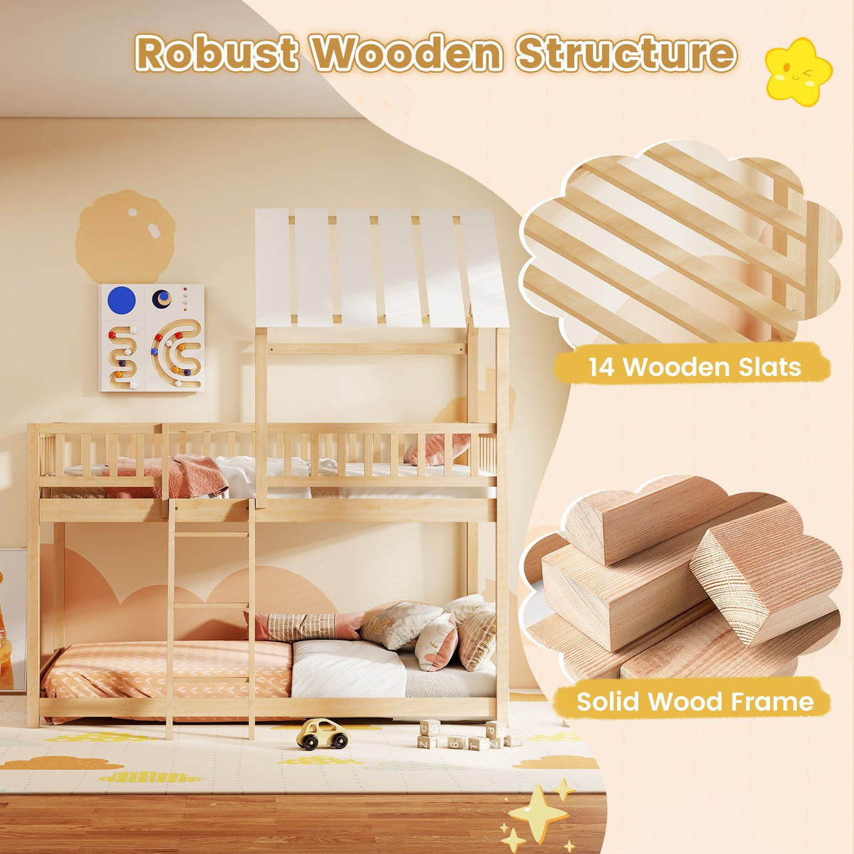Twin Over Twin House Bunk Bed with Roof and Full-length Guardrails for Kids Teens Boys Girls-Natural view 8