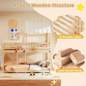 Twin Over Twin House Bunk Bed with Roof and Full-length Guardrails for Kids Teens Boys Girls-Natural view 8