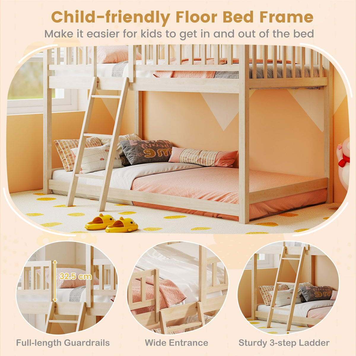 Twin Over Twin House Bunk Bed with Roof and Full-length Guardrails for Kids Teens Boys Girls-Natural view 9