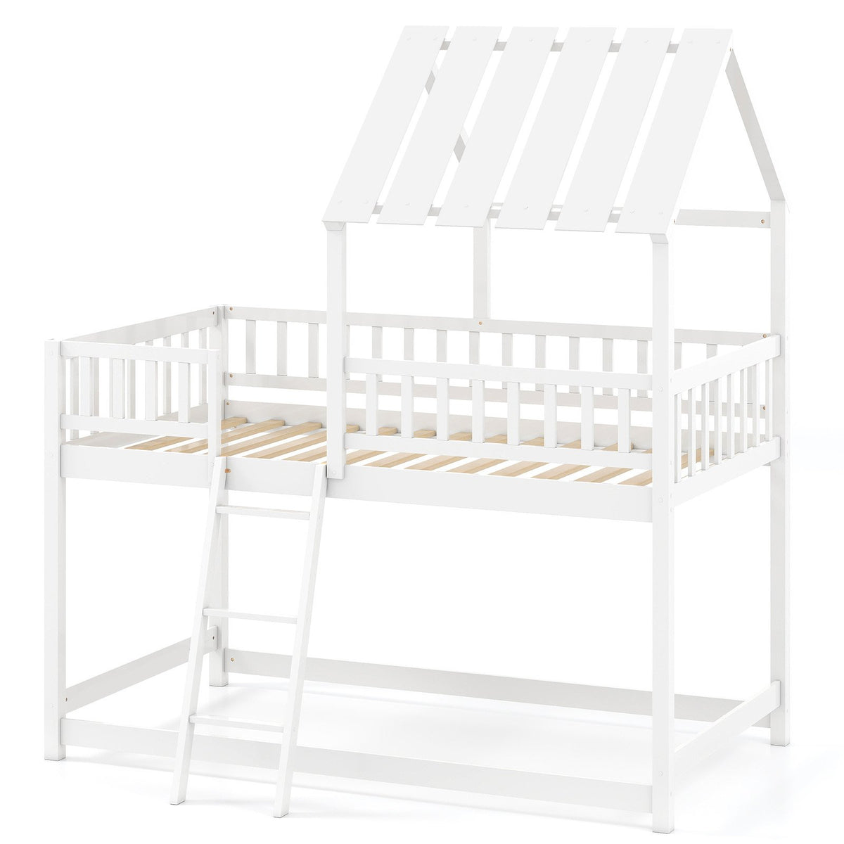 Twin Over Twin House Bunk Bed with Roof and Full-length Guardrails for Kids Teens Boys Girls-White