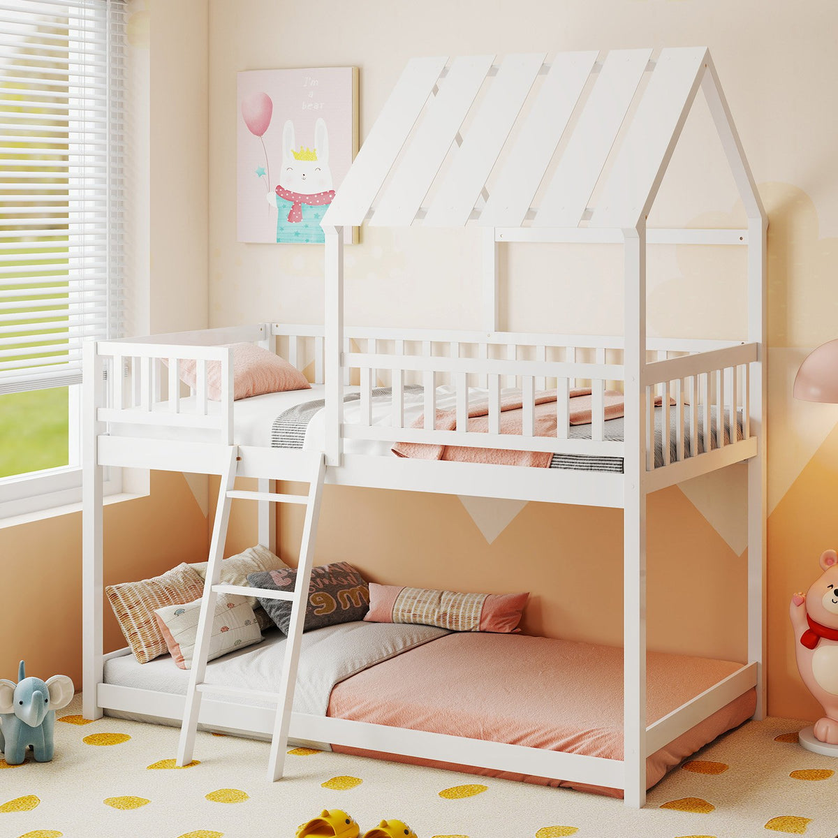 Twin Over Twin House Bunk Bed with Roof and Full-length Guardrails for Kids Teens Boys Girls-White view 2