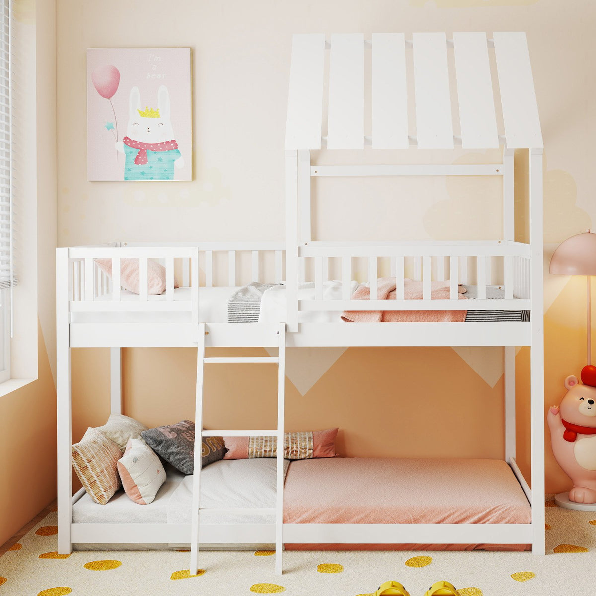 Twin Over Twin House Bunk Bed with Roof and Full-length Guardrails for Kids Teens Boys Girls-White view 3