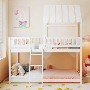 Twin Over Twin House Bunk Bed with Roof and Full-length Guardrails for Kids Teens Boys Girls-White view 3