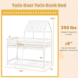 Twin Over Twin House Bunk Bed with Roof and Full-length Guardrails for Kids Teens Boys Girls-White view 4
