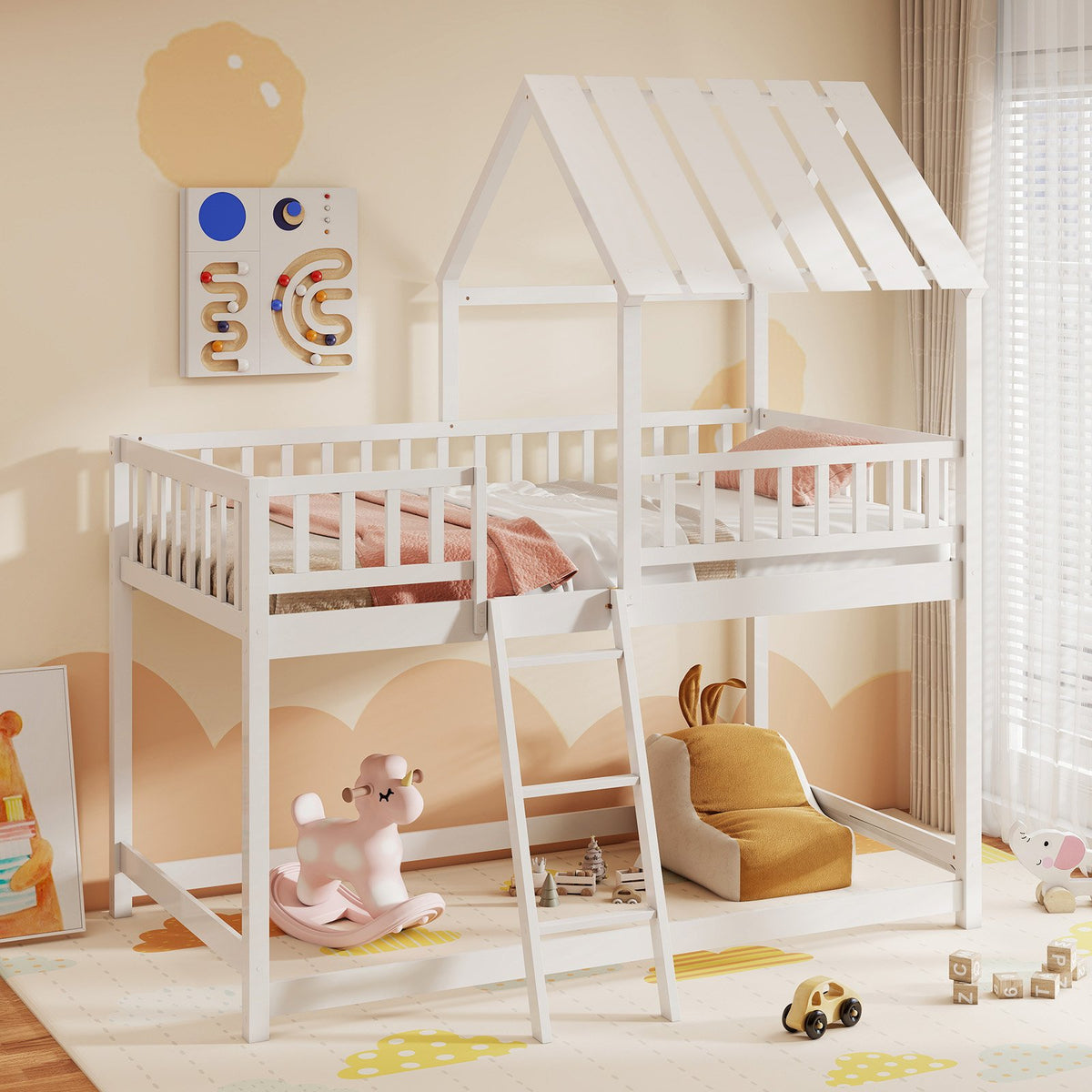 Twin Over Twin House Bunk Bed with Roof and Full-length Guardrails for Kids Teens Boys Girls-White view 5