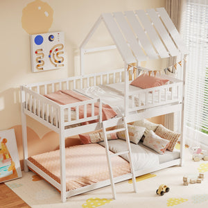 Twin Over Twin House Bunk Bed with Roof and Full-length Guardrails for Kids Teens Boys Girls-White view 6