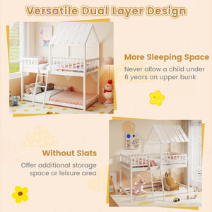 Twin Over Twin House Bunk Bed with Roof and Full-length Guardrails for Kids Teens Boys Girls-White view 7