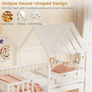 Twin Over Twin House Bunk Bed with Roof and Full-length Guardrails for Kids Teens Boys Girls-White view 8