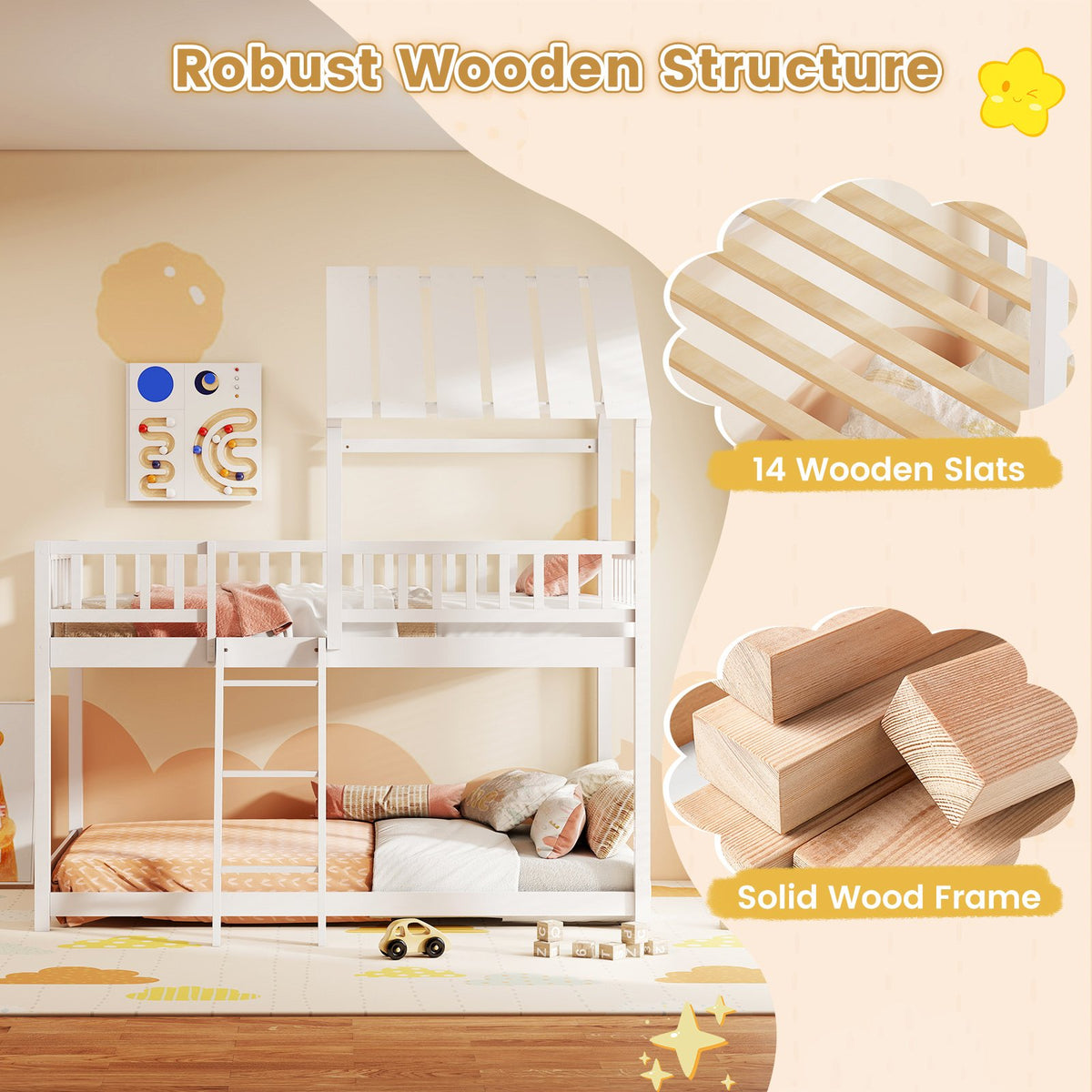 Twin Over Twin House Bunk Bed with Roof and Full-length Guardrails for Kids Teens Boys Girls-White view 9