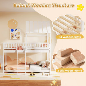 Twin Over Twin House Bunk Bed with Roof and Full-length Guardrails for Kids Teens Boys Girls-White view 9