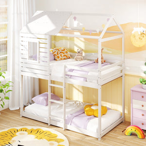 Twin over Twin House Bunk Bed with Roof and Full-length Guardrails-White view 2