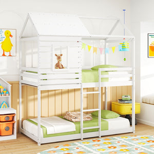 Twin over Twin House Bunk Bed with Roof and Full-length Guardrails-White view 3