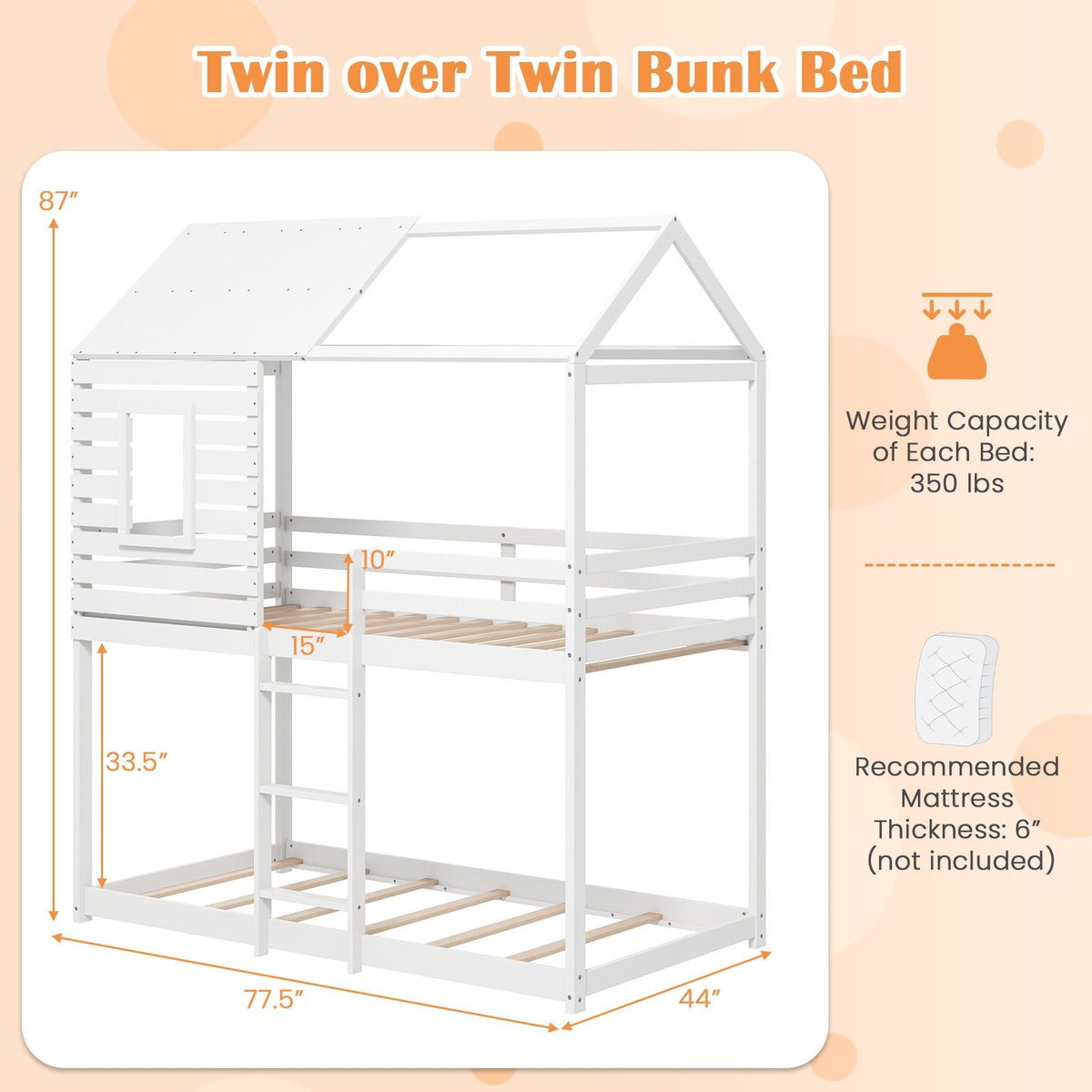 Twin over Twin House Bunk Bed with Roof and Full-length Guardrails-White view 4