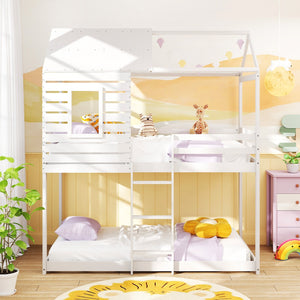 Twin over Twin House Bunk Bed with Roof and Full-length Guardrails-White view 5