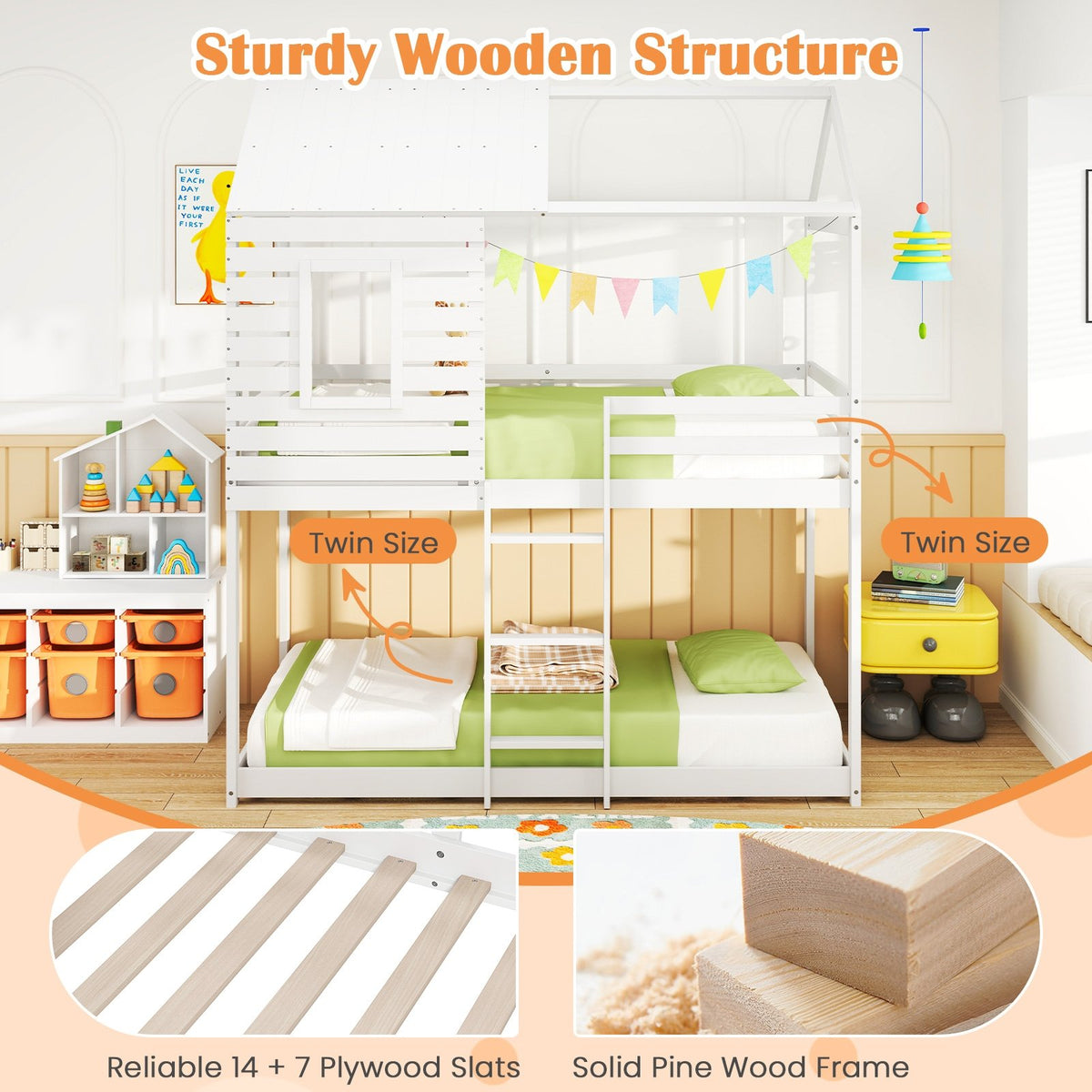 Twin over Twin House Bunk Bed with Roof and Full-length Guardrails-White view 6