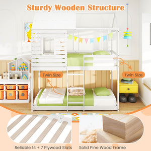 Twin over Twin House Bunk Bed with Roof and Full-length Guardrails-White view 6