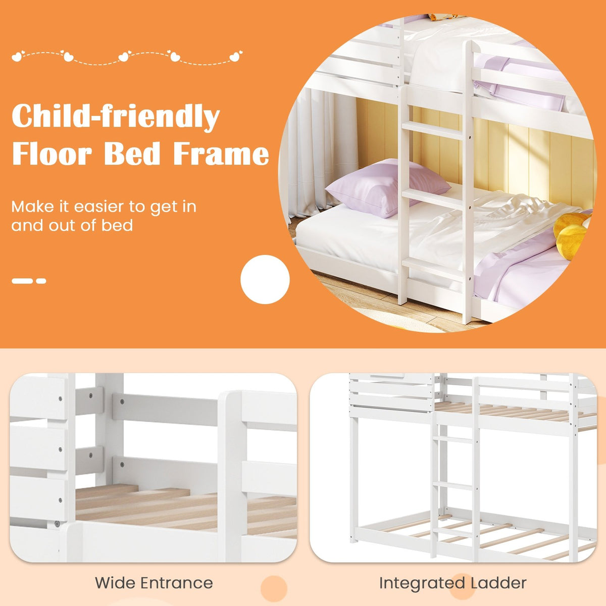 Twin over Twin House Bunk Bed with Roof and Full-length Guardrails-White view 8