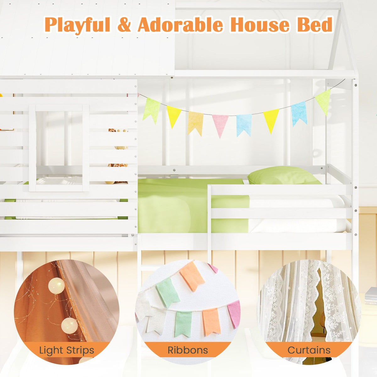 Twin over Twin House Bunk Bed with Roof and Full-length Guardrails-White view 9