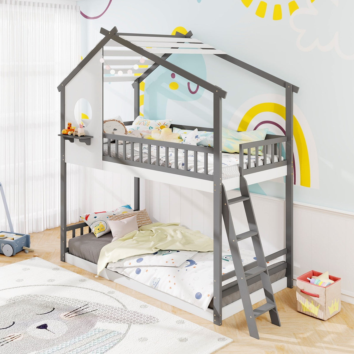 Twin over Twin House Bunk Bed with Roof and Guardrails for Kids-White & Gray view 2