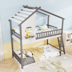 Twin over Twin House Bunk Bed with Roof and Guardrails for Kids-White & Gray view 3
