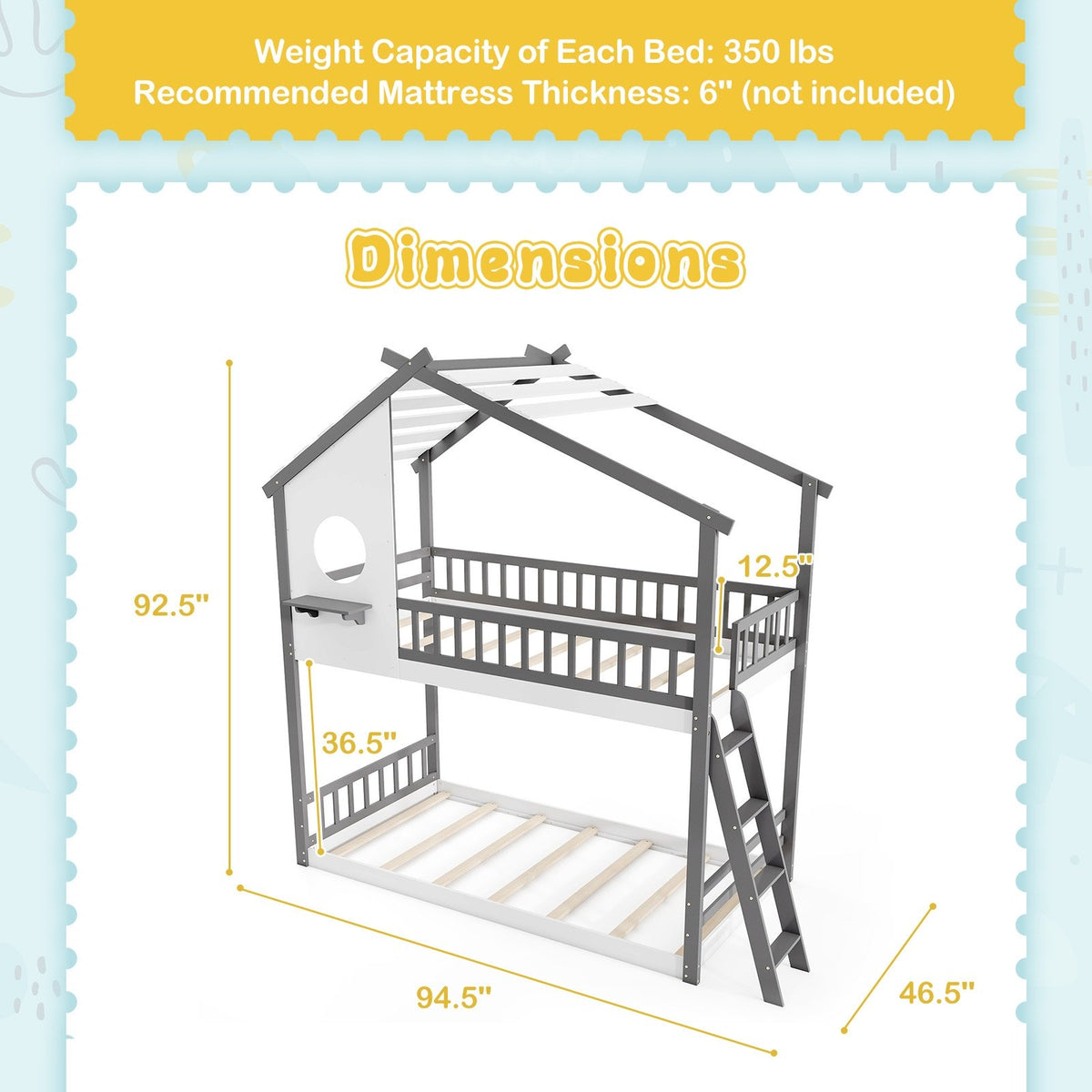 Twin over Twin House Bunk Bed with Roof and Guardrails for Kids-White & Gray view 4