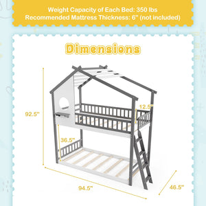 Twin over Twin House Bunk Bed with Roof and Guardrails for Kids-White & Gray view 4