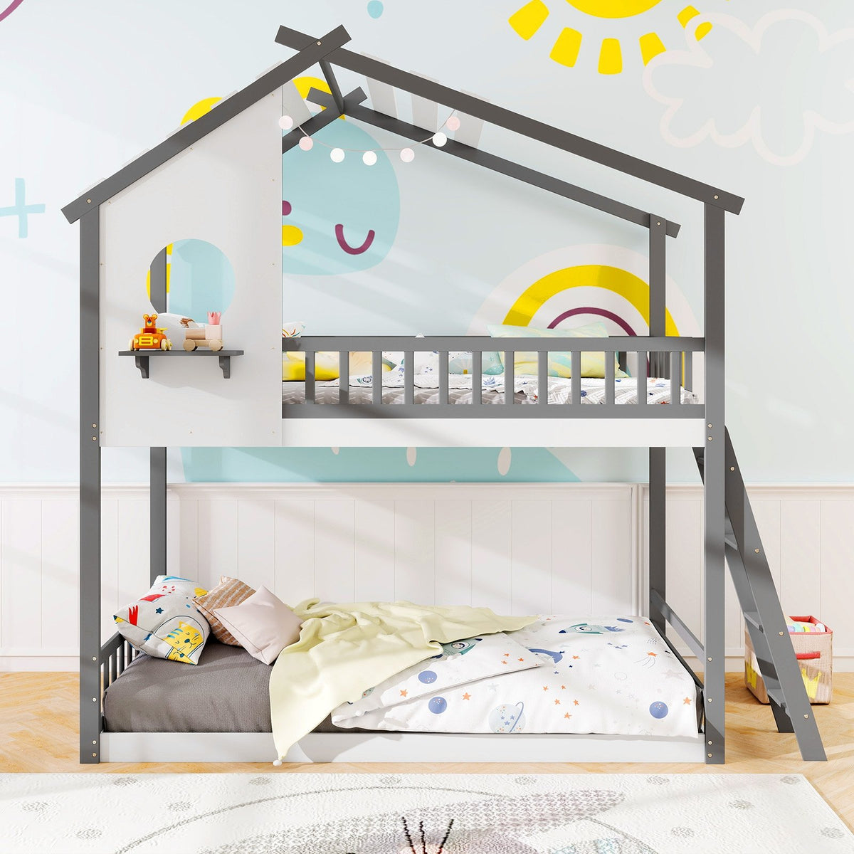 Twin over Twin House Bunk Bed with Roof and Guardrails for Kids-White & Gray view 5