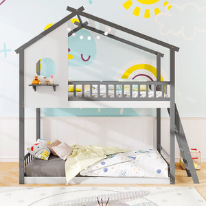 Twin over Twin House Bunk Bed with Roof and Guardrails for Kids-White & Gray view 5