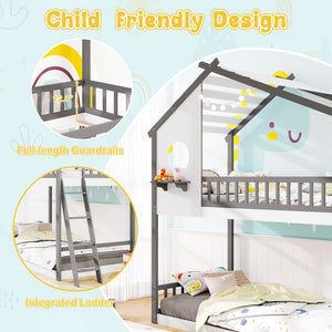 Twin over Twin House Bunk Bed with Roof and Guardrails for Kids-White & Gray view 7