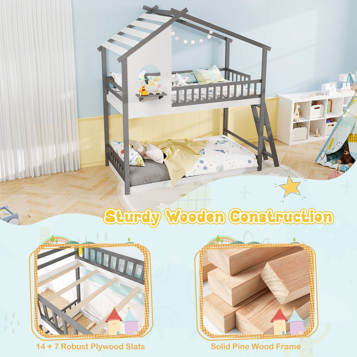 Twin over Twin House Bunk Bed with Roof and Guardrails for Kids-White & Gray view 8