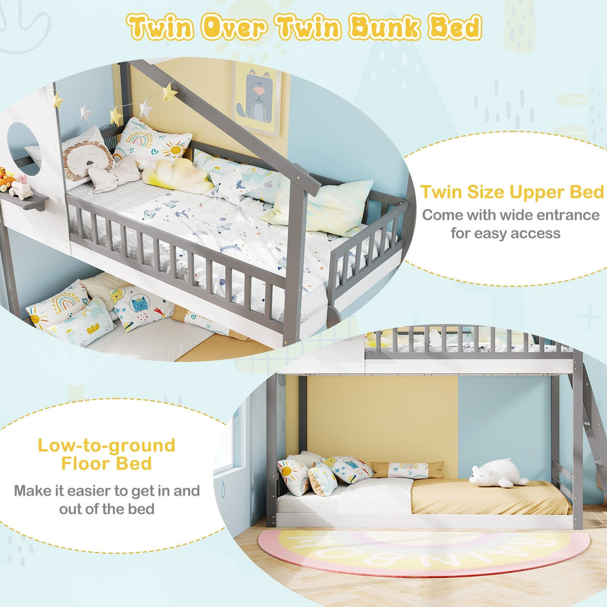 Twin over Twin House Bunk Bed with Roof and Guardrails for Kids-White & Gray view 9