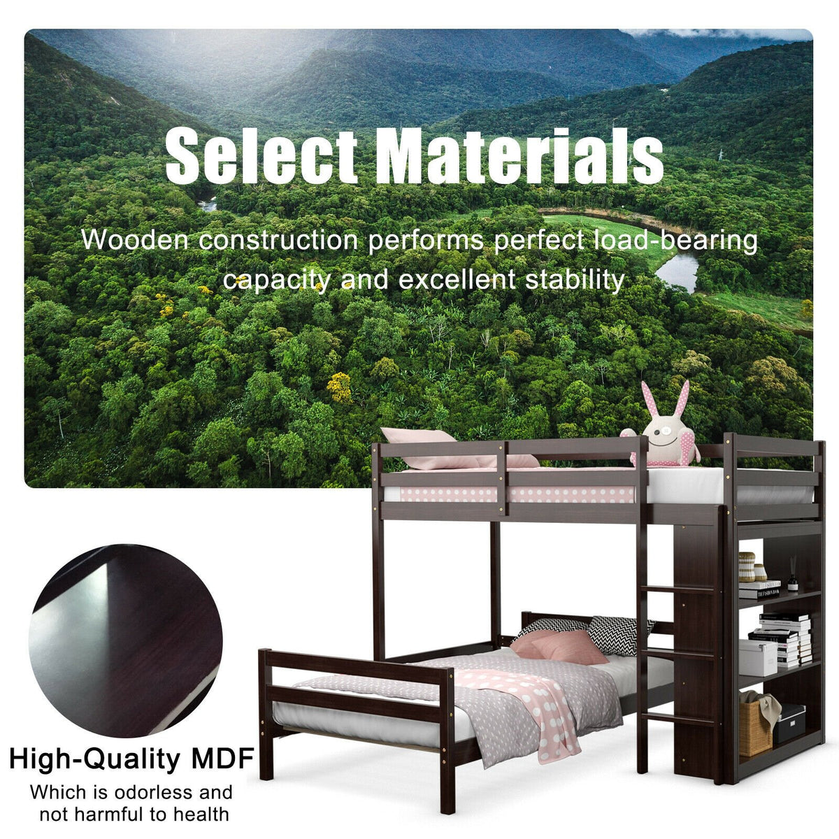Twin Over Twin Loft Bunk Bed with Bookcase-Espresso view 9