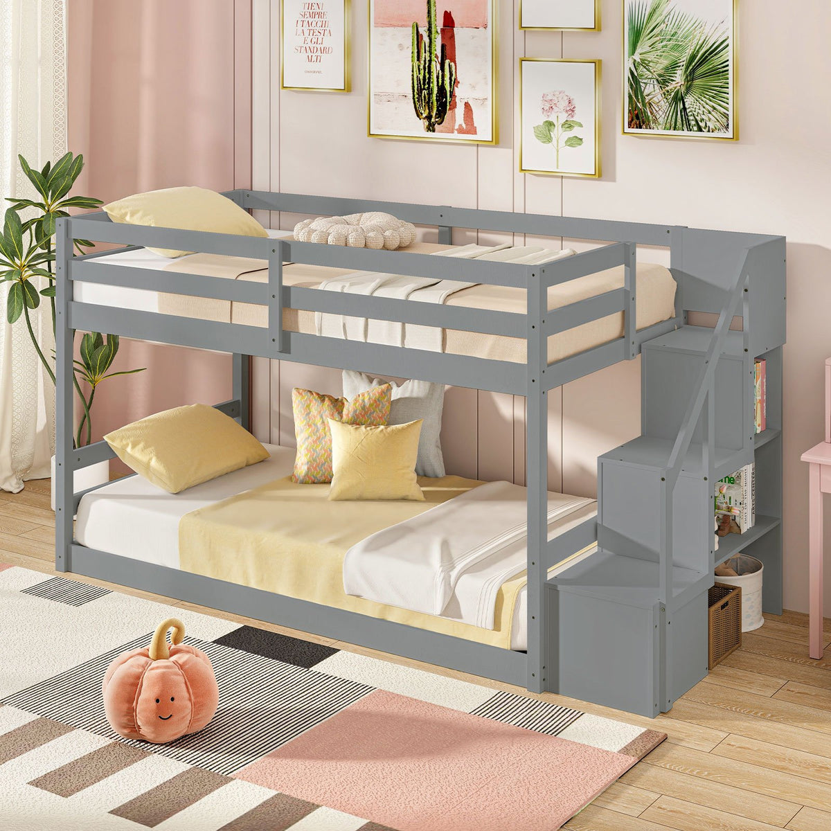 Twin Over Twin Low Bunk Bed with Storage Stairs Solid Wood Floor Bunk Bed Frame-Gray view 3